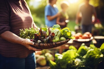 Community garden volunteers tend their harvest crop.  illuminated by the setting sun, Join the green movement