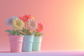 Flowers in a pot in the concept of growth in 3D illustration style on a colorful background
