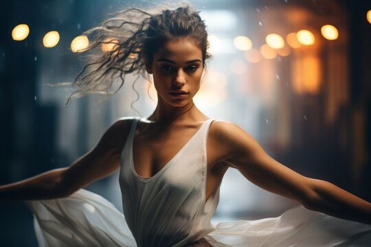 Dance instructor in rehearsal studio, side light, choreographing a unique routine,  cinematic style with blurred background