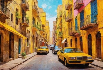A stylish multicolored painting of a vibrant city street on a textured wallpaper with a bright yellow color. - obrazy, fototapety, plakaty
