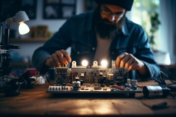 Skilled electronics engineer meticulously restores vintage electrical devices with expert troubleshooting and precise soldering techniques - obrazy, fototapety, plakaty