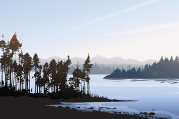 Vector landscape view of nature lake with realistic silhouette of forest trees and mountains in early morning, outdoor environment illustration