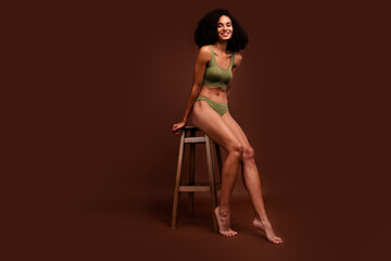 No retouch photo of adorable stunning sportswoman advertising fashion lingerie proud her perfect body isolated on brown color background
