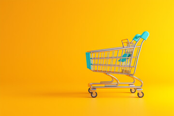 Shopping cart with the concept of shopping in 3D illustration style on a colorful background