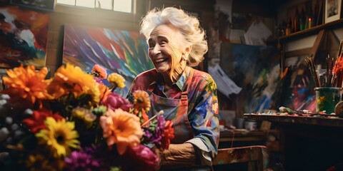 Elderly female painter in art studio surrounded by colorful blooms and paintings. creative senior woman artist. AI