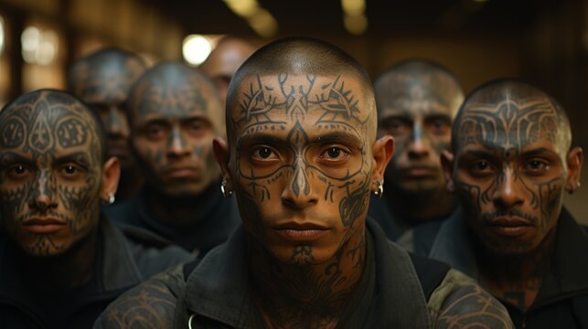 the leader of a Latin American gang with tattoos on his face and body stands at the head of his gang behind them, concept: criminal tattoos, Latin and Mexican gangs