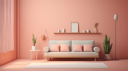 minimalist hall room with shelf sofa and pillows in pastel pink color,generated with AI. High...
