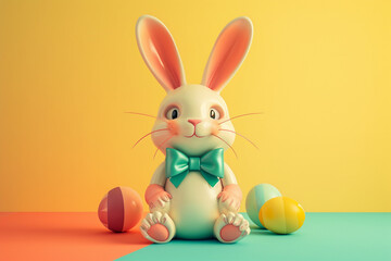 Fototapeta premium Rabbit in Easter concept in 3D illustration style on a colorful background