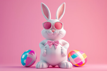 Fototapeta premium Rabbit in Easter concept in 3D illustration style on a colorful background