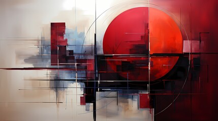 An abstract composition of geometric shapes in striking shades of red