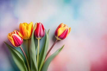 Close-up of a bouquet of colorful tulips on a pastel background with space for text