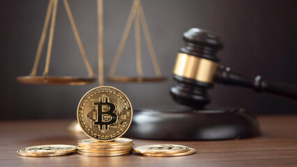 Cryptocurrency Law Bitcoin ban violation of law Cryptocurrency law theme, hammer and bitcoin...