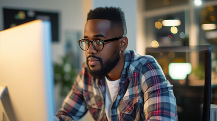 Dedicated African American man with glasses working late in a tech-driven office