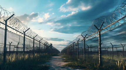 Prison security fence. Barbed wire security fence. Razor wire jail fence. Barrier border. Boundary security wall. Prison for arrest criminals or terrorists. Private area. Military zone concept.
