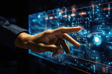 Close-up of engineer hand touch digital virtual screen. Artificial Intelligence (AI). Deep machine learning innovation technology concept. Data science.