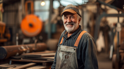 Cheerful senior craftsman in overalls smiling warmly in a well-equipped workshop