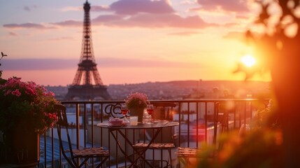 beautiful landscape of the eiffel tower on a beautiful sunset from a cozy balcony in high resolution and high quality