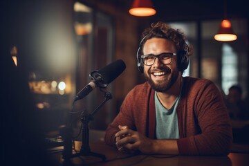 Home podcast host recording an engaging conversation, in cinematic style with blurred background. - obrazy, fototapety, plakaty