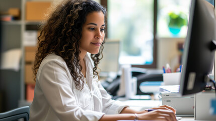 Professional female with luscious curls concentrating on her monitor in a bright office