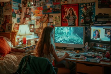 A Y2K girl in a college dorm room, surrounded by inflatable furniture and iconic movie posters, studying on a transparent colored iMac, epitomizing the study trends of the era