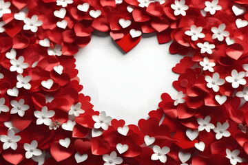 Red and White Paper Hearts and Flowers Arranged in Heart-Shaped Frame on White Background