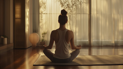 Frau sitzt im Wohnzimmer und meditiert oder macht Yoga zur Entspannung Generative AI - obrazy, fototapety, plakaty