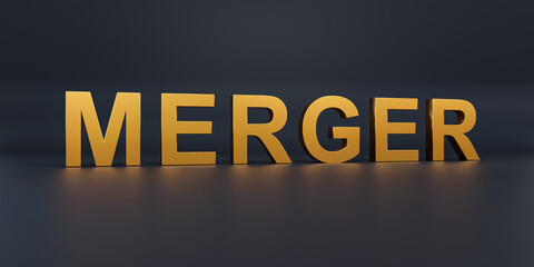 Merger. Text in gold metallic capital letters. Business finance and industry, investing, acquisition, takeover, debt financing, venture capital.