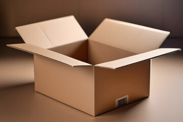 Opened Cardboard Box on Brown Background. Online Shopping Concept. Blank Box Mockup Design.