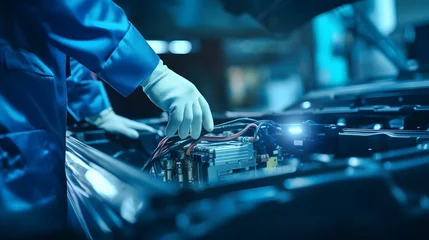 Fotobehang Selective focus hands in gloves of expert technicain electric car, EV car while opened A used Lithium-ion car battery before its repair. © Ziyan Yang