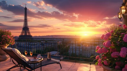 beautiful landscape of the eiffel tower seen from a balcony in high resolution - obrazy, fototapety, plakaty