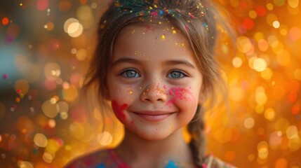 Portrait of smiling cute little girl being showered by colored powders during holi festival, poster