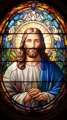 portrait of Jesus of Catholic culture on stained glass window. High quality photo