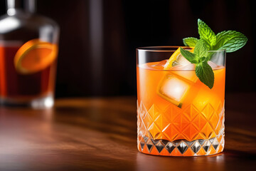 Refreshing orange cocktail with mint leaves garnish on a wooden table