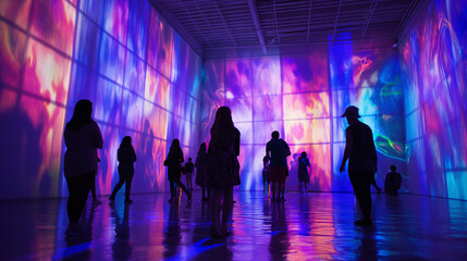 Modernes Museum für Lichterkunst mit Personen und Lichteffekten Technologie Ausstellung Generative AI - obrazy, fototapety, plakaty