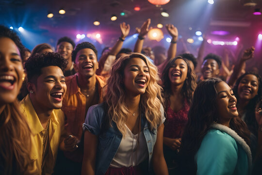 Group of cheerful young friends having fun singing karaoke and dancing at New Year Eve party. Group of diverse team mates in funny wig and costume having fun dancing and singing together in microphone