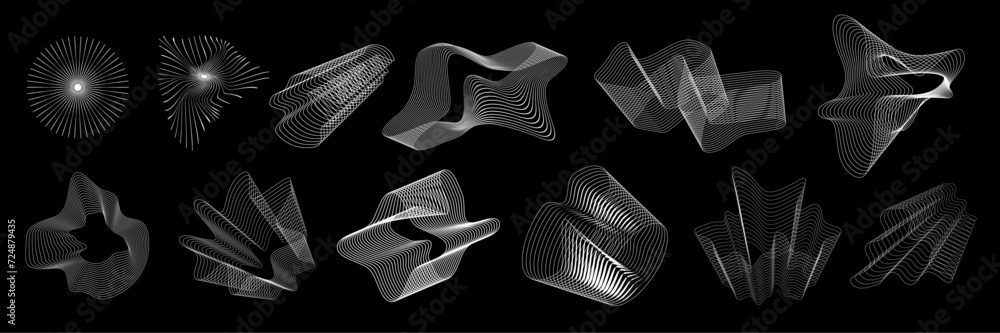 Fototapete futuristic retro 3d element set, vector cyberpunk grid wave shape, wireframe space collection. geome
