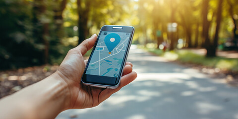 Unrecognized hand holds smartphone with map icon. 3D Map pins, GPS, navigator pin checking points, 3D World Map icon, technology and application mobile, transportation concept