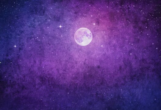 A textured wallpaper with a pattern of circles in different shades of purple, overlaid with a stylish multicolored painting of a night sky with stars and a moon.