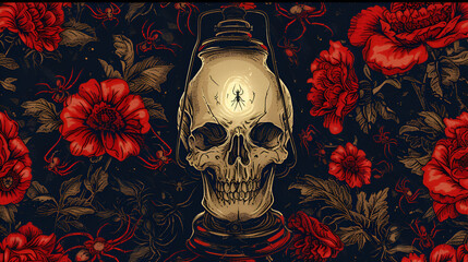 Embroidery kerosene lamp human skull and spider, generative ai