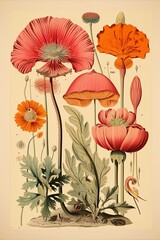 A beautiful illustration of flowers and plants in a picture frame, showcasing the beauty of terrestrial plants through art and botany