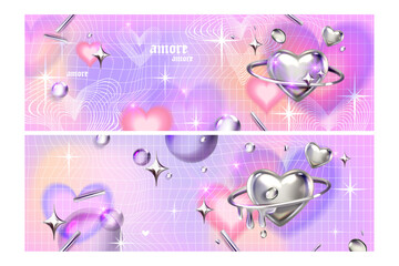 Y2k blur gradient heart background, love futuristic poster, vector trendy chrome 3D shapes grid. Abstract romantic aesthetic Valentine Day holiday banner, silver heart, 2000s party. Y2k background - obrazy, fototapety, plakaty