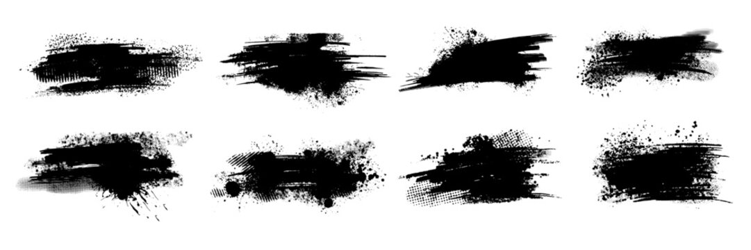 Ink splatter set, paint brush stroke kit, vector black grunge stain, graffiti texture liquid splash. Abstract dirty blob, messy shape drawing collection isolated on white. Ink splatter print element