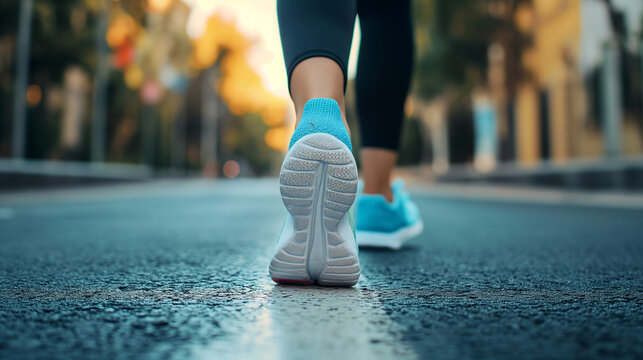 Sportschuh beim Laufen und Joggen auf einer weißen Linie auf der Straße mit sichtbarem weißem Profil beim Abrollen Generative AI