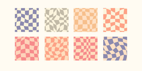 Set of groovy retro backgrounds. Vector illustration. Checkerboard, mesh patterns. Collection of twisted and distorted wallpapers