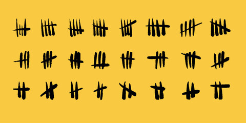 Set of vector grunge icons. Wall tally marks. Black hand drawn slash strokes on yellow backdrop