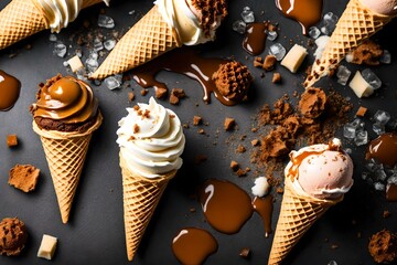 Indulgent homemade ice cream cone with caramel - obrazy, fototapety, plakaty