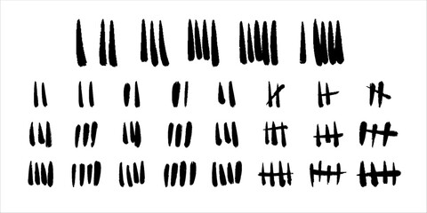 Obraz premium Set of tally marks. Vector grunge icons. Hand drawn slash strokes on white background