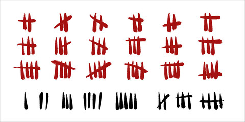 Set of vector icons. Wall tally marks. Black, red grunge slash strokes on white backdrop