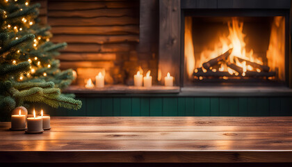 Christmas tree with fireplace and copy space