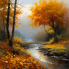 Painting of forest in the month of autumn yellow leaves stream passing between the trees